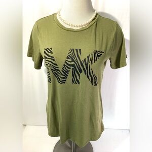Michael Kors Woman’s Top Size M Color Green w Black MK Animal Print Logo